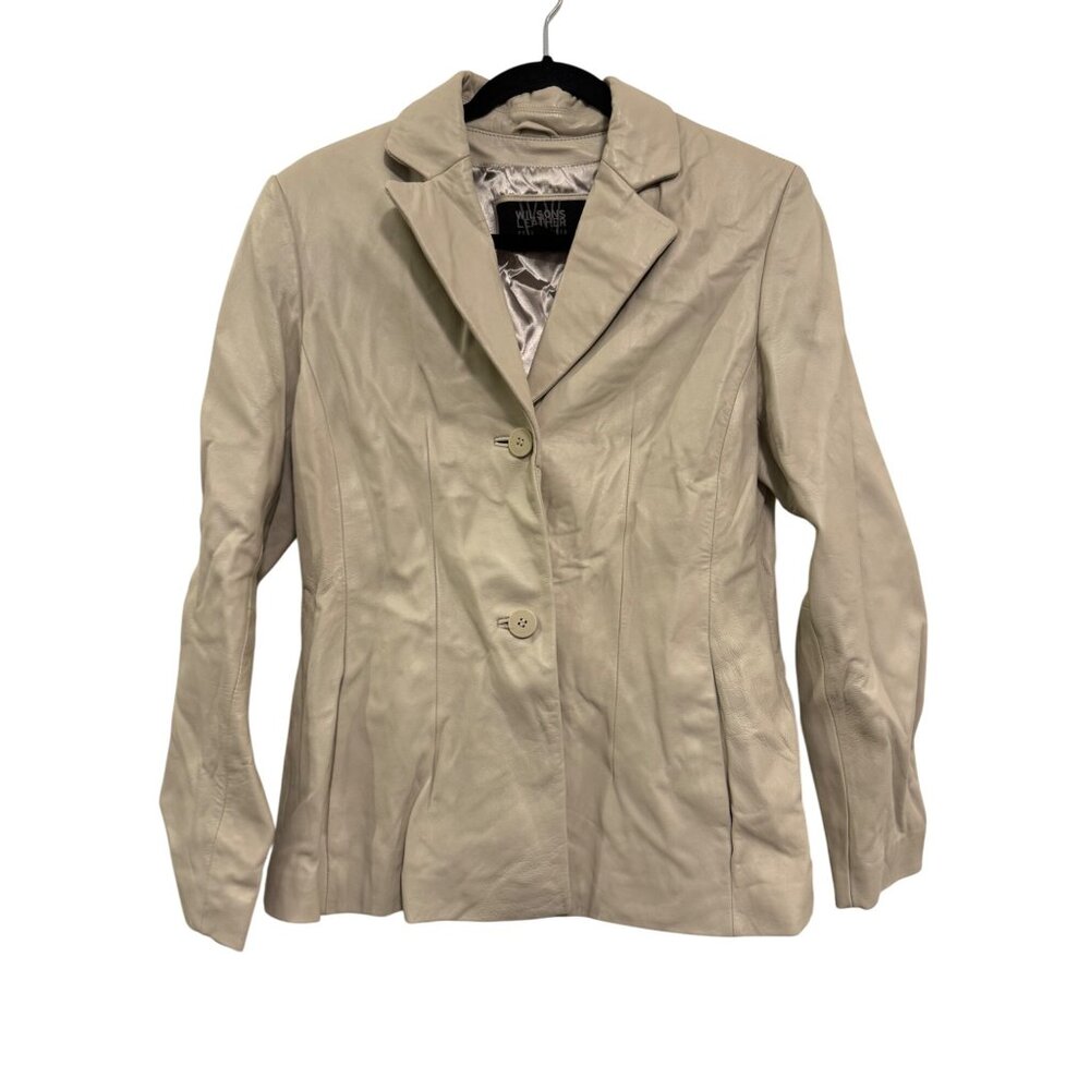 Wilsons Leather Womens Beige Jacket Medium Button-Up Fully Lined 100% Leather Ch
